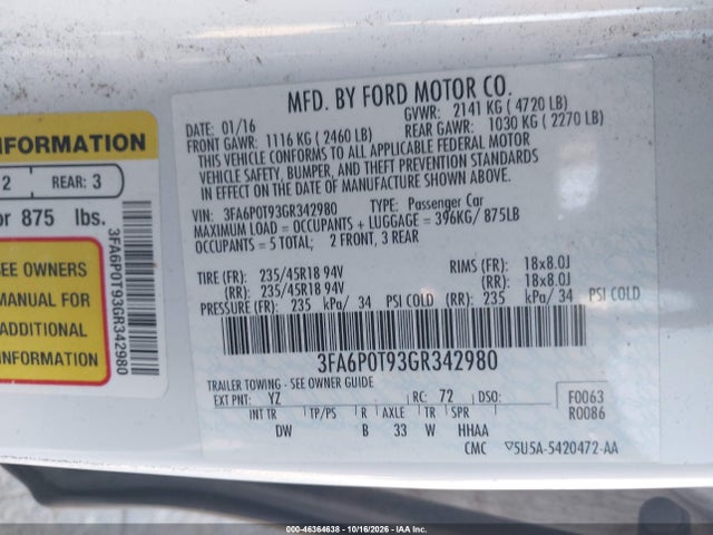 Продажа на аукционе авто 2016 Ford Fusion Se, vin: 3FA6P0T93GR342980, номер лота: 46364638