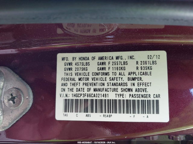 Продаж на аукціоні авто 2012 Honda Accord 3.5 Ex-l, vin: 1HGCP3F86CA021491, номер лоту: 46364647