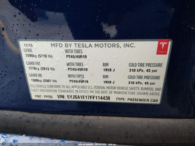 Продажа на аукционе авто 2015 Tesla Model S 60/70/85, vin: 5YJSA1E17FF114438, номер лота: 46364696