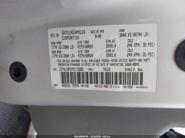 46364700 :رقم المزاد ، 1D7HU18P07S115586 vin ، 2007 Dodge Ram 1500 Slt/trx4 Off Road/sport مزاد بيع