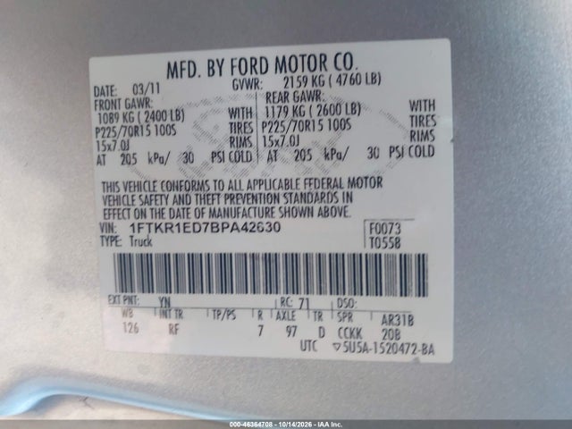 46364708 :رقم المزاد ، 1FTKR1ED7BPA42630 vin ، 2011 Ford Ranger Xl مزاد بيع
