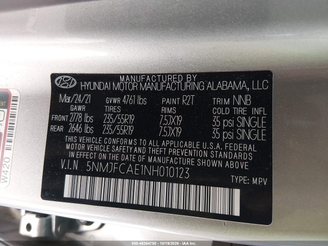 46364750 :رقم المزاد ، 5NMJFCAE1NH010123 vin ، 2022 Hyundai Tucson Sel مزاد بيع