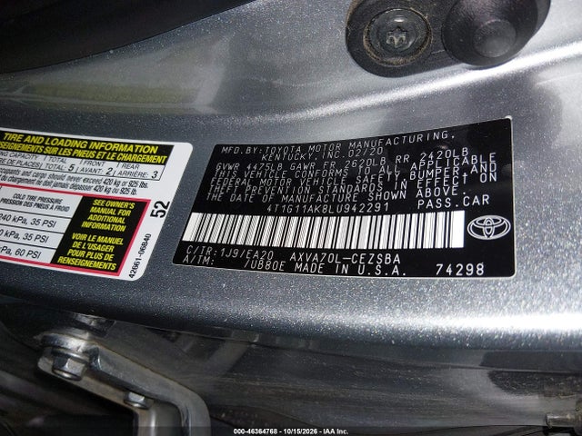 Aukcja sprzedaży 2020 Toyota Camry Se, vin: 4T1G11AK8LU942291, numer aukcji: 46364768