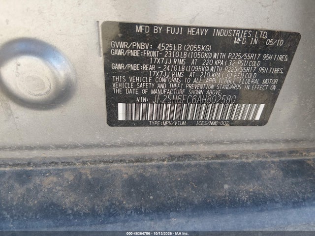 2010 Subaru Forester 2.5xt Limited მანქანა იყიდება აუქციონზე, vin: JF2SH6FC6AH802580, აუქციონის ნომერი: 46364786