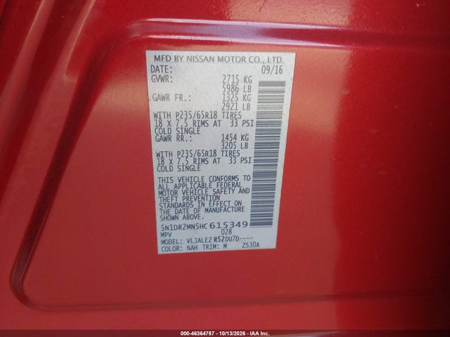 5N1DR2MN5HC615349 Nissan Pathfinder Platinum/s/sl/sv
