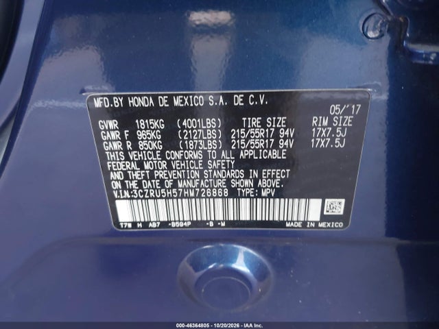 Aukcja sprzedaży 2017 Honda Hr-v Ex, vin: 3CZRU5H57HM726868, numer aukcji: 46364805