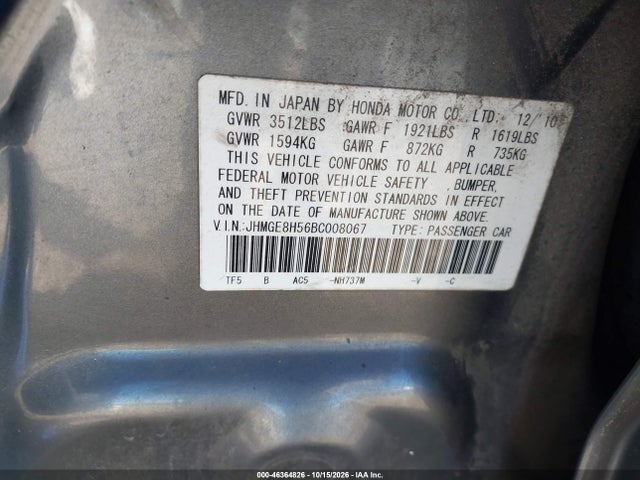 Продажа на аукционе авто 2011 Honda Fit Sport, vin: JHMGE8H56BC008067, номер лота: 46364826