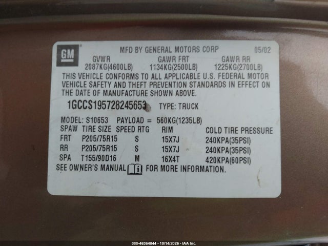 46364844 :رقم المزاد ، 1GCCS195728245653 vin ، 2002 Chevrolet S-10 Ls مزاد بيع