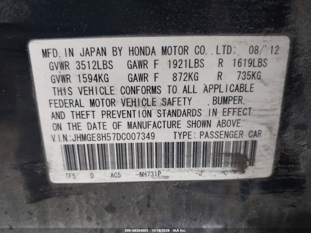 Продажа на аукционе авто 2013 Honda Fit Sport, vin: JHMGE8H57DC007349, номер лота: 46364883