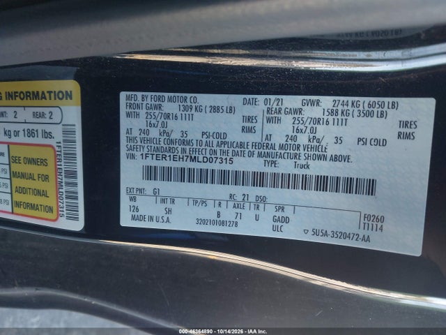 2021 Ford Ranger Xl მანქანა იყიდება აუქციონზე, vin: 1FTER1EH7MLD07315, აუქციონის ნომერი: 46364890