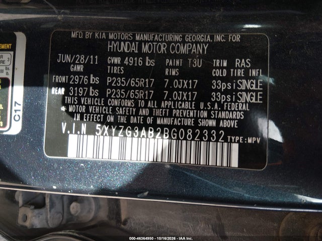 Aukcja sprzedaży 2011 Hyundai Santa Fe Gls, vin: 5XYZG3AB2BG082332, numer aukcji: 46364950