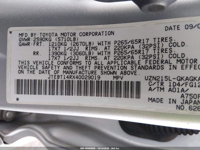 Aukcja sprzedaży 2004 Toyota 4runner Sr5 V8, vin: JTEBT14RX40029019, numer aukcji: 46364955
