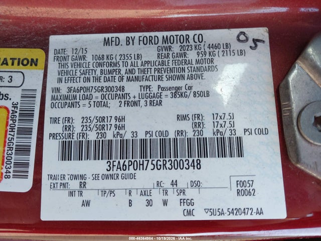 46364984 :رقم المزاد ، 3FA6P0H75GR300348 vin ، 2016 Ford Fusion Se مزاد بيع
