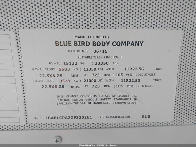Blue Bird School Bus / Transit Bus 2016 1BABLCPA2GF320261 Image 9