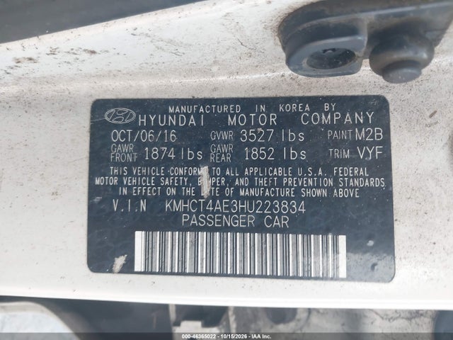 Aukcja sprzedaży 2017 Hyundai Accent Se, vin: KMHCT4AE3HU223834, numer aukcji: 46365022