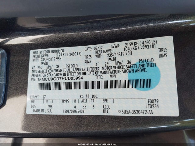 2017 Ford Escape Se მანქანა იყიდება აუქციონზე, vin: 1FMCU9GD7HUD05994, აუქციონის ნომერი: 46365144