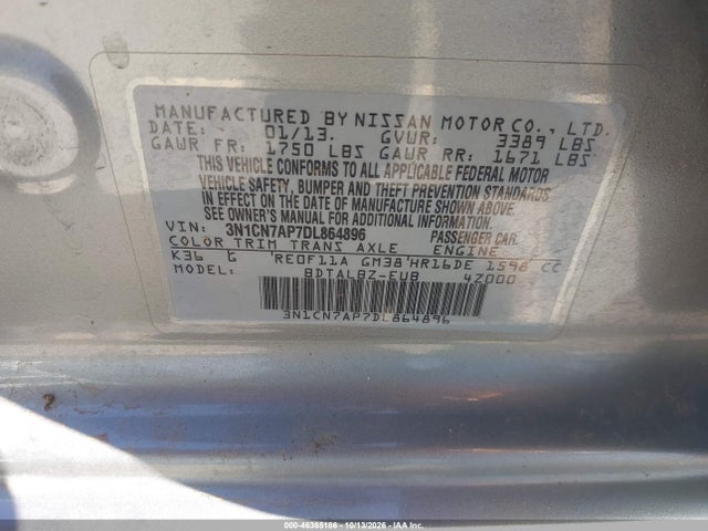 46365186 :رقم المزاد ، 3N1CN7AP7DL864896 vin ، 2013 Nissan Versa 1.6 Sv مزاد بيع