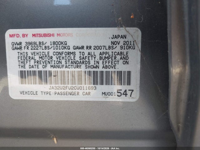 46365255 :رقم المزاد ، JA32U2FU2CU011693 vin ، 2012 Mitsubishi Lancer Es مزاد بيع