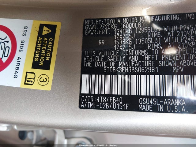 Продаж на аукціоні авто 2011 Toyota Highlander Base V6, vin: 5TDBK3EH3BS062981, номер лоту: 46365270