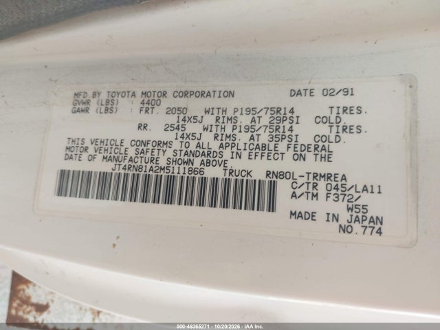 Aukcja sprzedaży 1991 Toyota Pickup 1/2 Ton Short Wheelbase, vin: JT4RN81A2M5111866, numer aukcji: 46365271