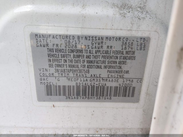 46365279 :رقم المزاد ، 3N1AB7AP8HY387548 vin ، 2017 Nissan Sentra Sl مزاد بيع