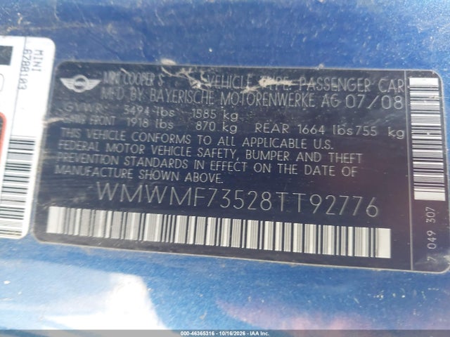 Aukcja sprzedaży 2008 Mini Cooper S, vin: WMWMF73528TT92776, numer aukcji: 46365316