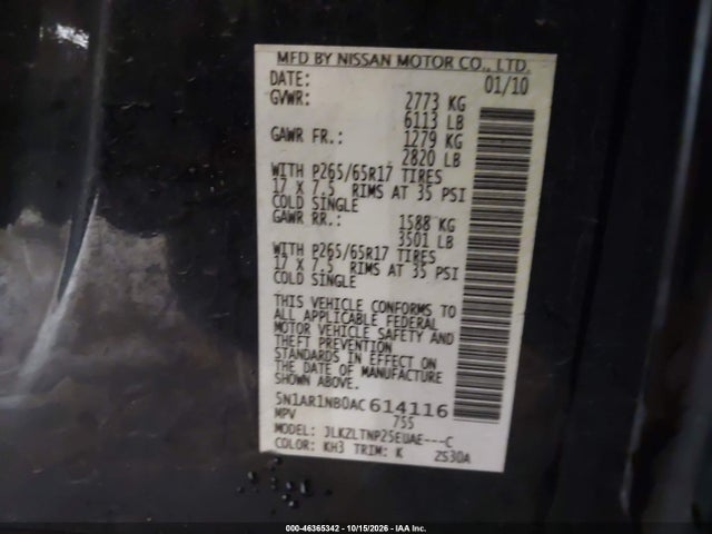 46365342 :رقم المزاد ، 5N1AR1NB0AC614116 vin ، 2010 Nissan Pathfinder Se مزاد بيع