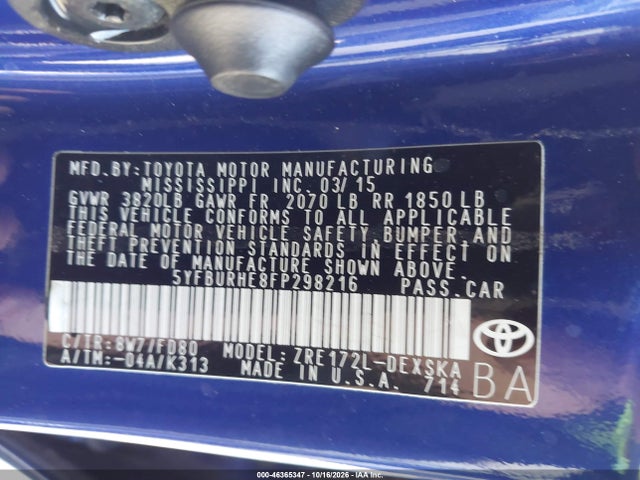 Aukcja sprzedaży 2015 Toyota Corolla S Plus, vin: 5YFBURHE8FP298216, numer aukcji: 46365347