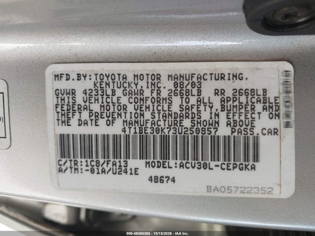 Aukcja sprzedaży 2003 Toyota Camry Xle, vin: 4T1BE30K73U250857, numer aukcji: 46365368