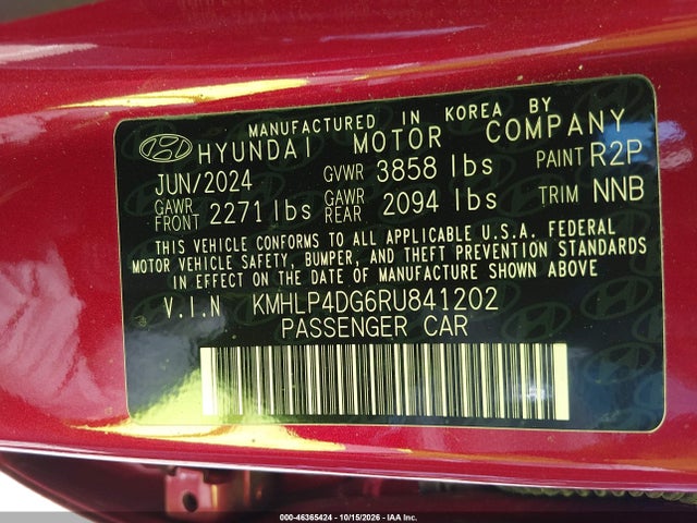 Auction sale of the 2024 Hyundai Elantra Limited, vin: KMHLP4DG6RU841202, lot number: 46365424