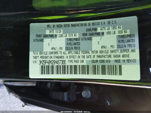 Продаж на аукціоні авто 2025 Mazda Mazda3, vin: 3MZBPABM2SM457366, номер лоту: 46365484