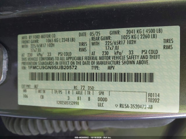 Продаж на аукціоні авто 2025 Ford Escape Active, vin: 1FMCU9GN9SUB20572, номер лоту: 46365502