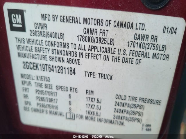 Продажа на аукционе авто 2004 Chevrolet Silverado 1500 Z71, vin: 2GCEK19T641281184, номер лота: 46365505