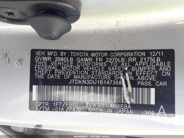 Aukcja sprzedaży 2011 Toyota Prius Two, vin: JTDKN3DU1B1473685, numer aukcji: 46365522