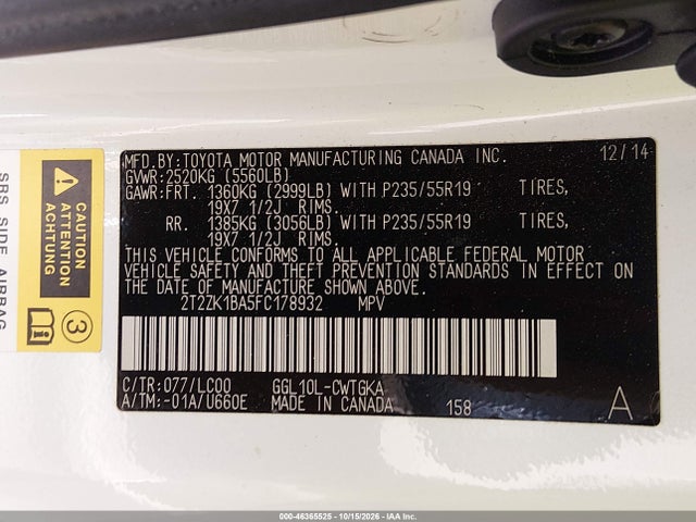 46365525 :رقم المزاد ، 2T2ZK1BA5FC178932 vin ، 2015 Lexus Rx 350 مزاد بيع