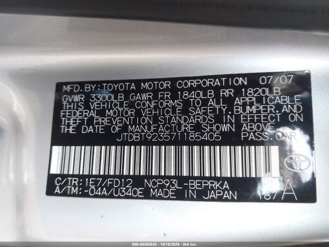 46365530 :رقم المزاد ، JTDBT923571185405 vin ، 2007 Toyota Yaris S مزاد بيع