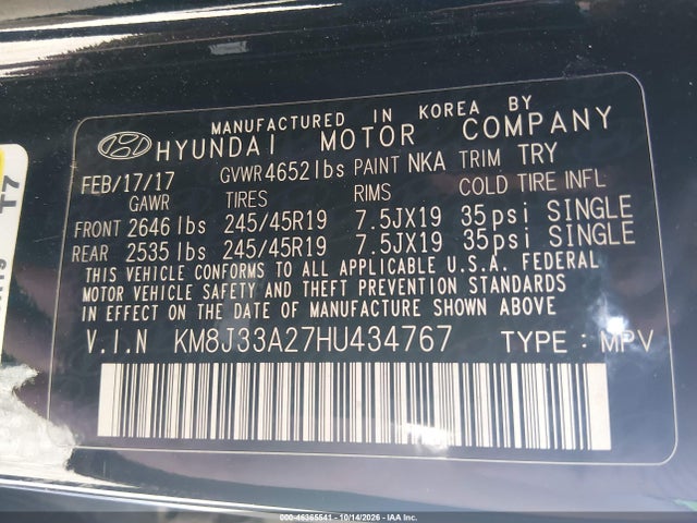 Aukcja sprzedaży 2017 Hyundai Tucson Night, vin: KM8J33A27HU434767, numer aukcji: 46365541