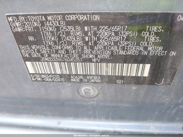 Aukcja sprzedaży 2007 Toyota Rav4, vin: JTMZD33V676045357, numer aukcji: 46365574