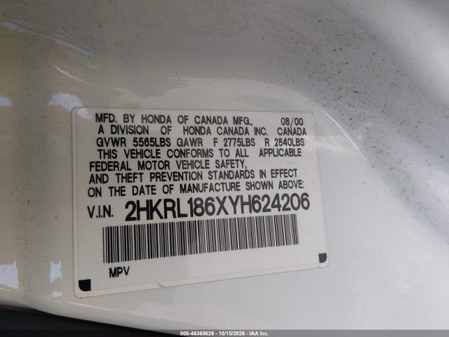 Aukcja sprzedaży 2000 Honda Odyssey Ex, vin: 2HKRL186XYH624206, numer aukcji: 46365629