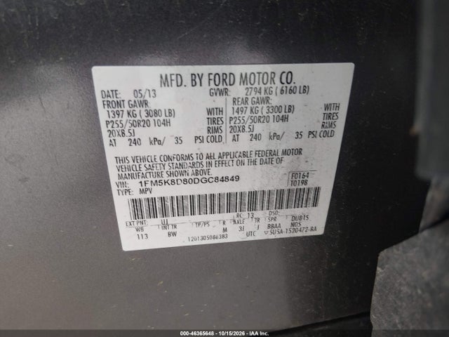 Aukcja sprzedaży 2013 Ford Explorer Xlt, vin: 1FM5K8D80DGC84849, numer aukcji: 46365648