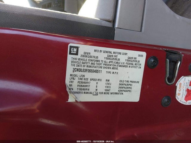 Aukcja sprzedaży 2006 Chevrolet Equinox Lt, vin: 2CNDL63F066048511, numer aukcji: 46365771