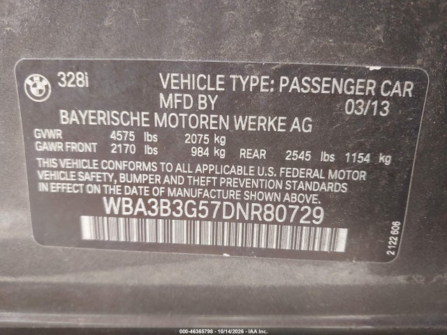 2013 Bmw 328i Xdrive მანქანა იყიდება აუქციონზე, vin: WBA3B3G57DNR80729, აუქციონის ნომერი: 46365798