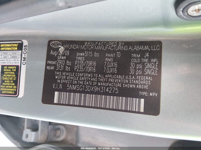 Продаж на аукціоні авто 2009 Hyundai Santa Fe Gls, vin: 5NMSG13DX9H314275, номер лоту: 46365829