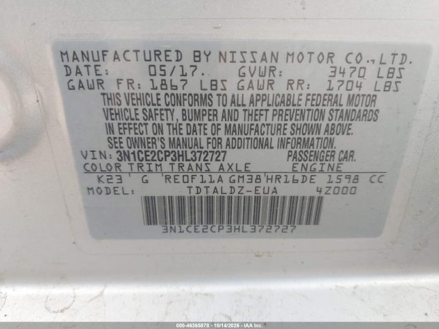 Aukcja sprzedaży 2017 Nissan Versa Note Sv, vin: 3N1CE2CP3HL372727, numer aukcji: 46365878