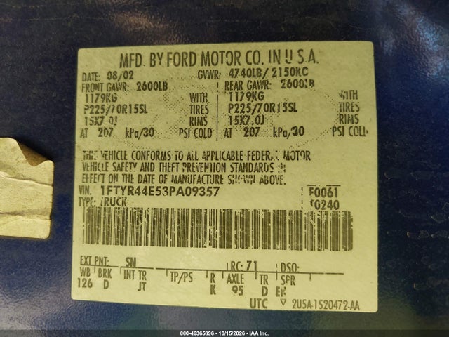 2003 Ford Ranger Xlt მანქანა იყიდება აუქციონზე, vin: 1FTYR44E53PA09357, აუქციონის ნომერი: 46365896