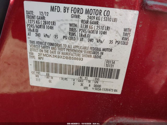 Продаж на аукціоні авто 2013 Ford Edge Limited, vin: 2FMDK3K9XDBB58693, номер лоту: 46365913