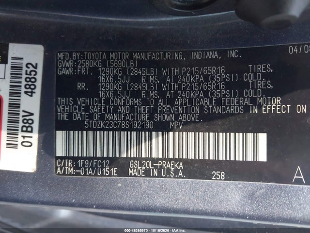 Aukcja sprzedaży 2008 Toyota Sienna Le, vin: 5TDZK23C78S192190, numer aukcji: 46365970