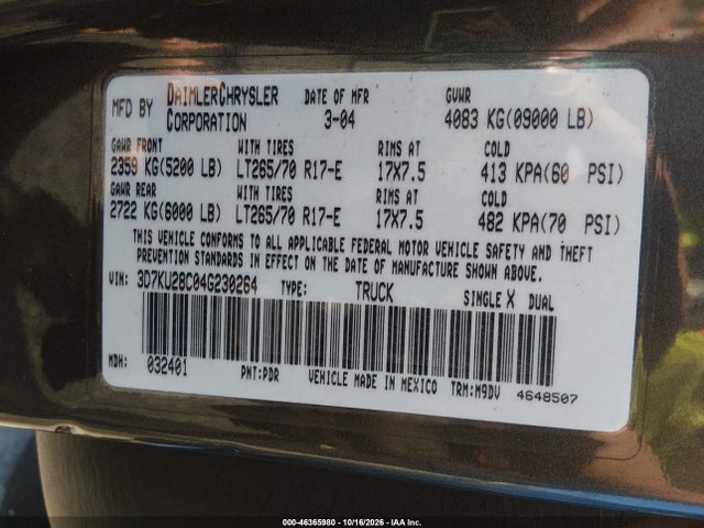 Продаж на аукціоні авто 2004 Dodge Ram 2500 Slt/laramie, vin: 3D7KU28C04G230264, номер лоту: 46365980