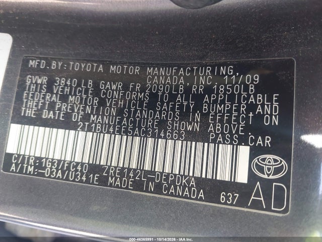 46365991 :رقم المزاد ، 2T1BU4EE5AC314663 vin ، 2010 Toyota Corolla Le مزاد بيع