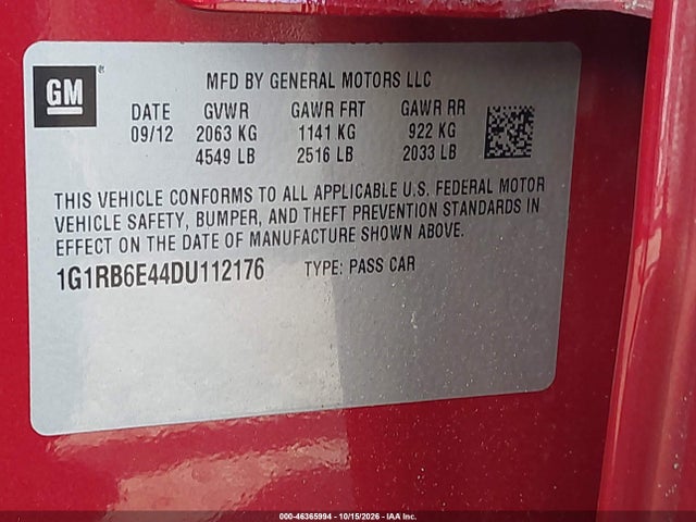Aukcja sprzedaży 2013 Chevrolet Volt, vin: 1G1RB6E44DU112176, numer aukcji: 46365994